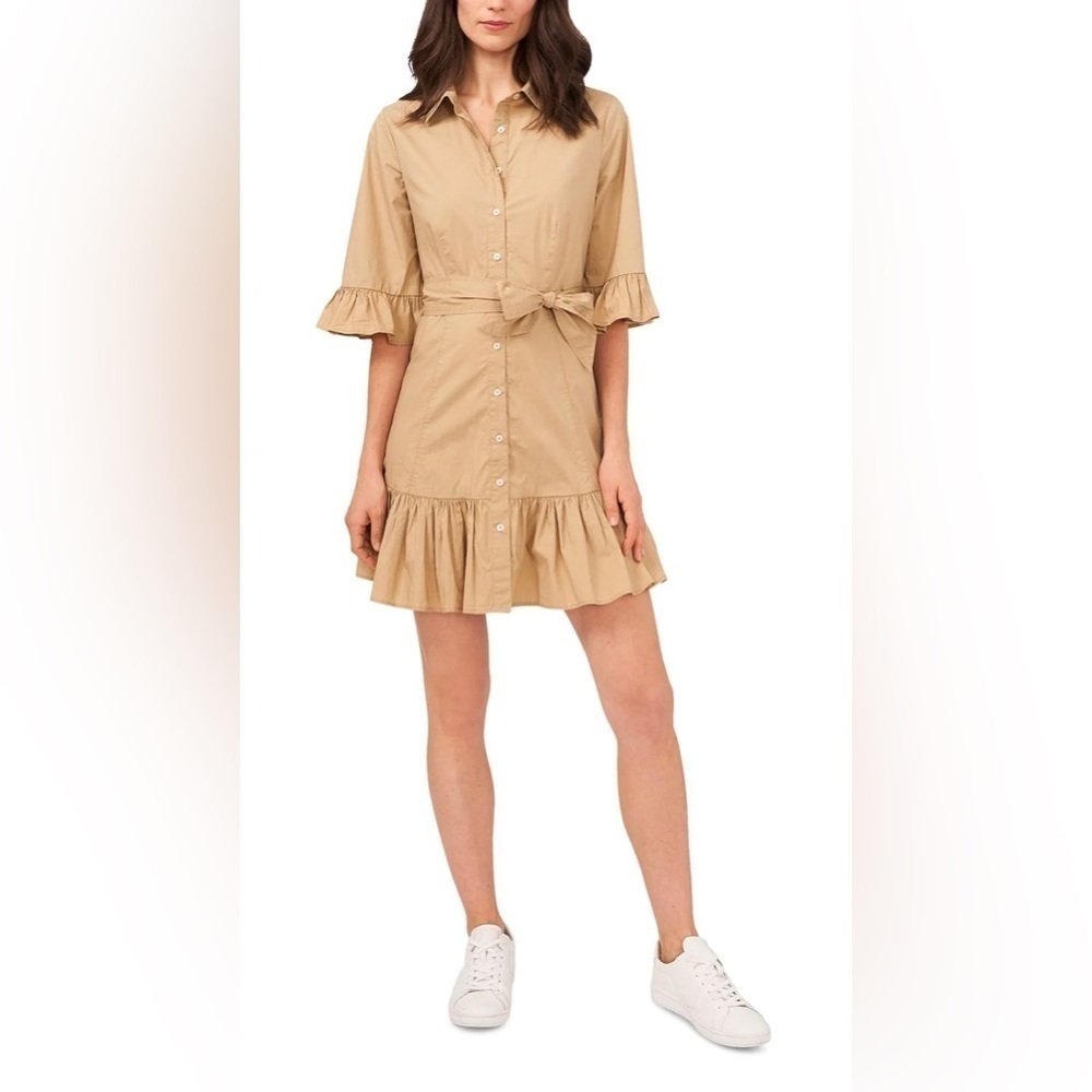 Riley & Rae Women Tan Cotton Button Tie Waist Ruffle Shirt Dress Large 2322900